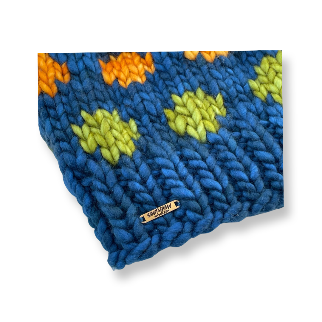 Adult Luxury Hand Knit Hat | Merino Wool | Blue | Polka Dots