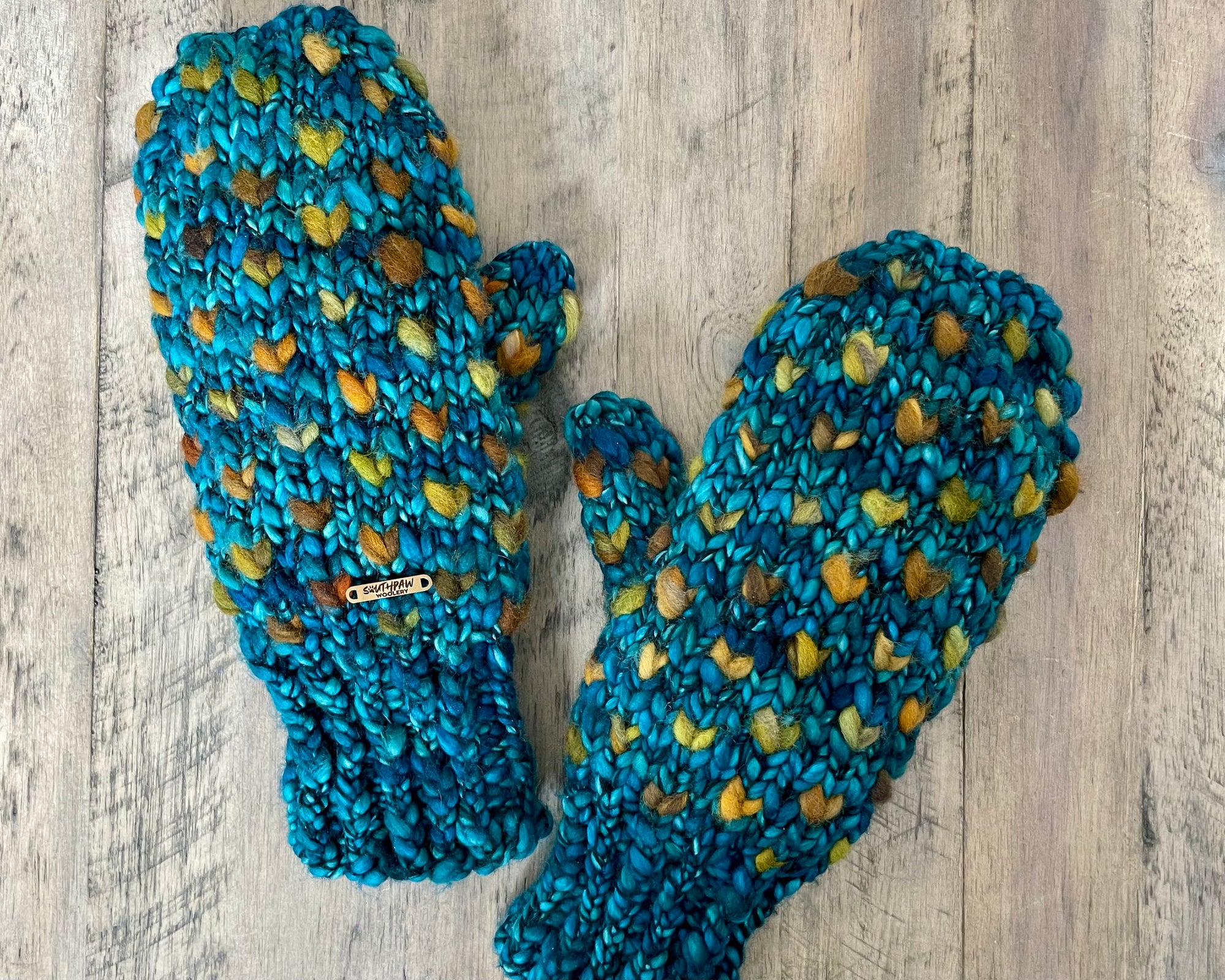 Adult merino wool thrummed mittens | Teal Feather | Tobacco