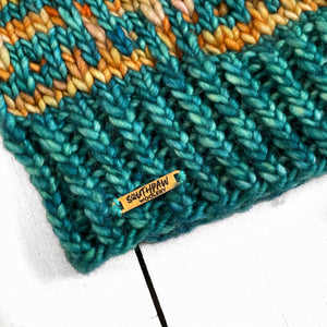 Adult Luxury Hand Knit Hat | Merino Wool Hat | Dark Teal | Gold | Hashtag Beanie