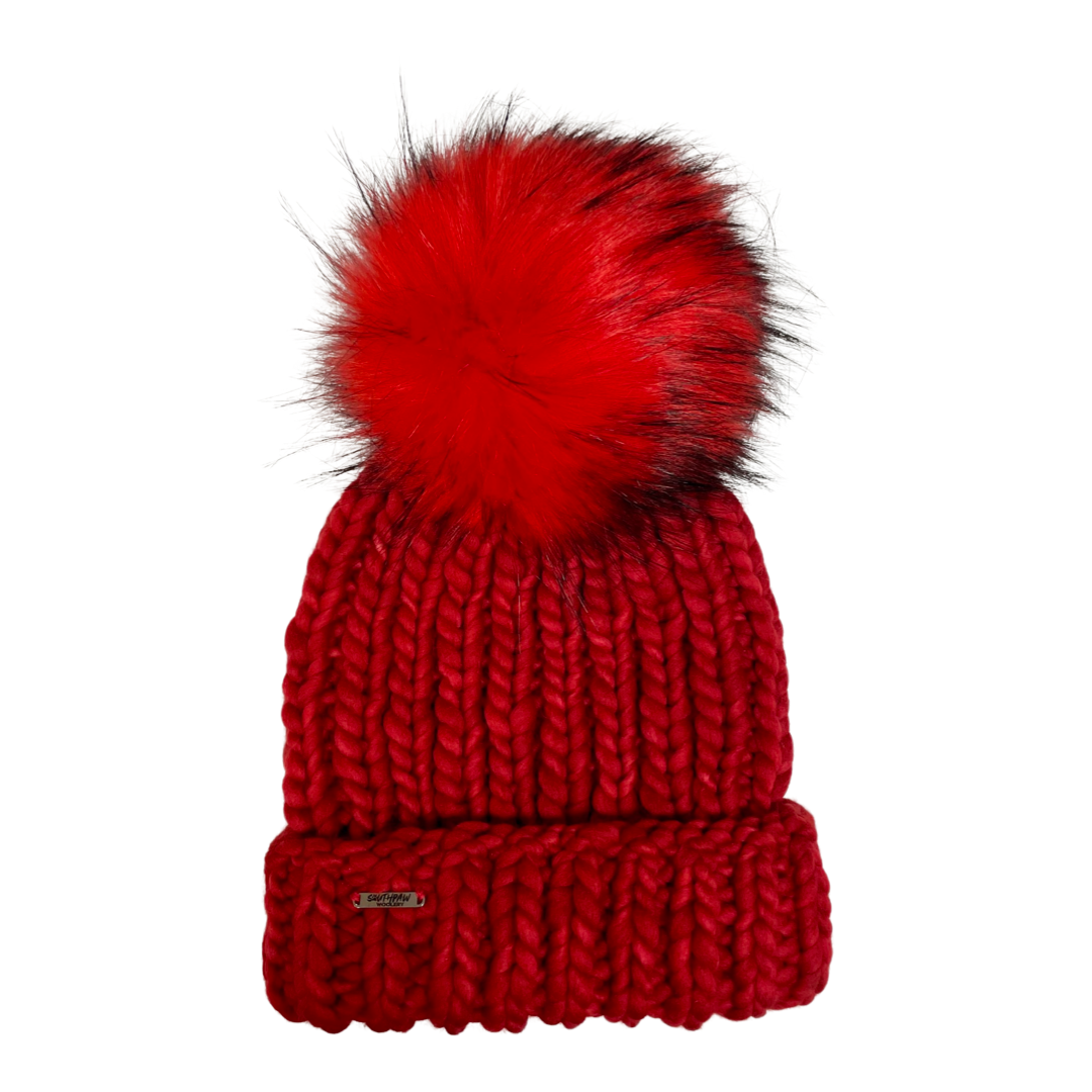 Adult Luxury Hand Knit Hat | Merino Wool Hat | Red | Folded Brim