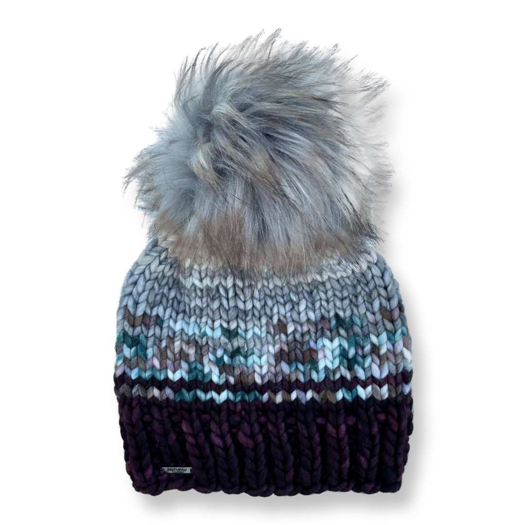 Adult Luxury Hand Knit Hat | Merino Wool | Chocolate | Grey | Teal