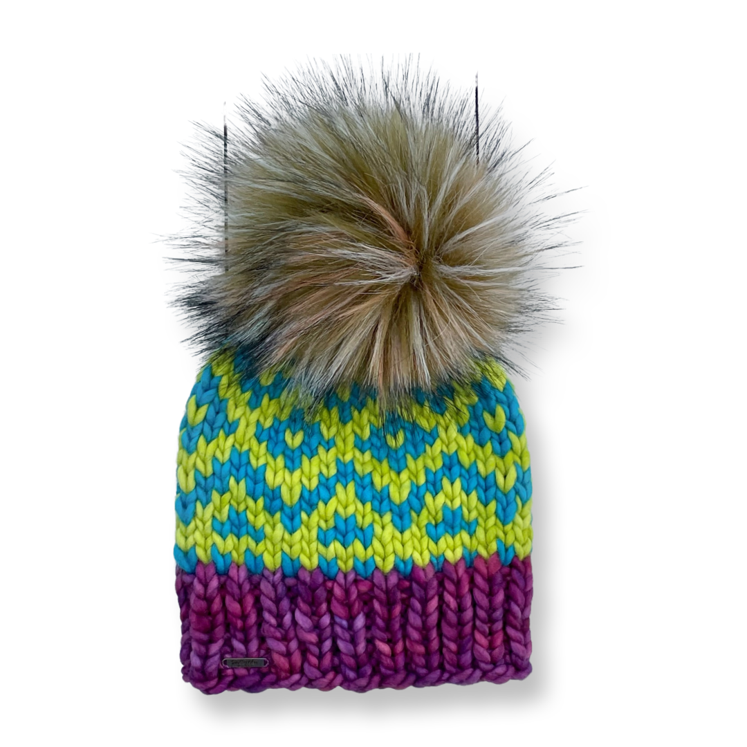 Adult Luxury Hand Knit Hat | Merino Wool | Apple Green | Blue | Electric Purple