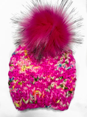 Child's Hand Knit Hat | Merino Wool Hat | Neon Pink | Multi Color