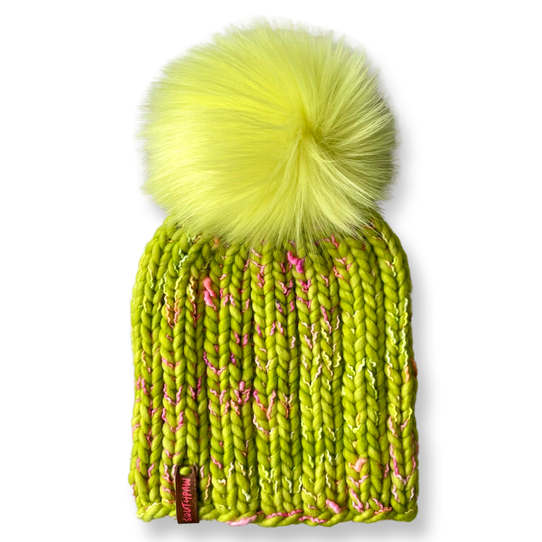 Child's Luxury Hand Knit Hat | Merino Wool Hat | Neon Green | Pink |