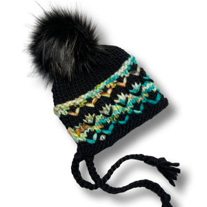 Adult Hand Knit Split Brim Hat | Merino Wool | Black | Turquoise