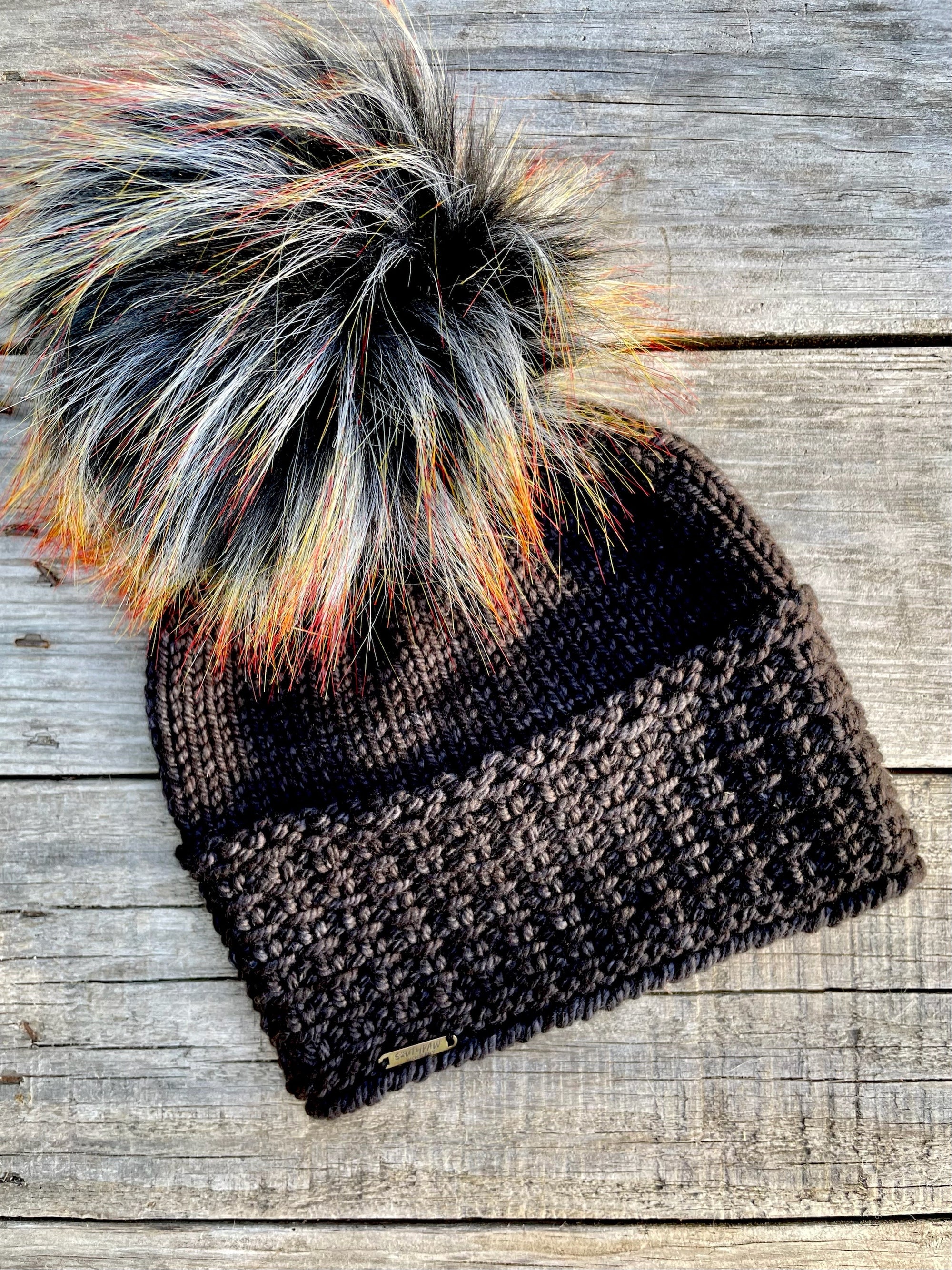 Adult Luxury Hand Knit Hat | Merino Wool | Fire Pom Black