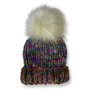 Adult Luxury Hand Knit Hat | Merino Wool Hat | Multi Colour Purples | Folded Brim