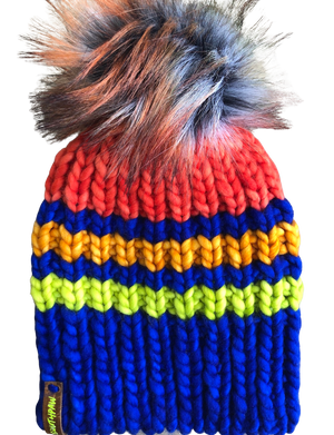 Bringing Back Neon Beanie | Neon Stripes Merino Wool Hat-Electric Blue/Green/Orange