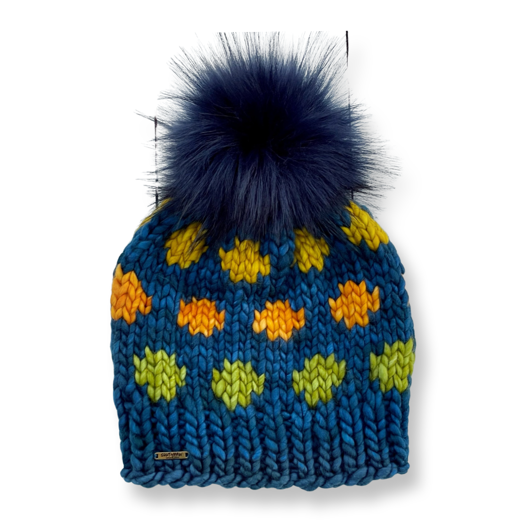 Adult Luxury Hand Knit Hat | Merino Wool | Blue | Polka Dots